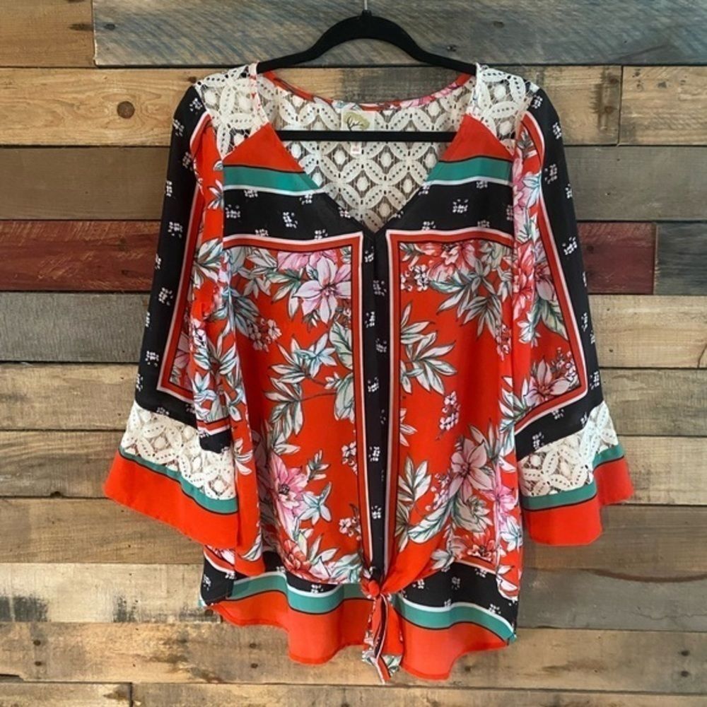 Anthropologie Fig and Flower Floral Blouse - Orange, Black, Green